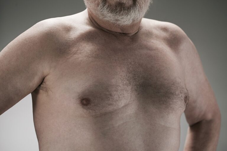 bare chested old man close up